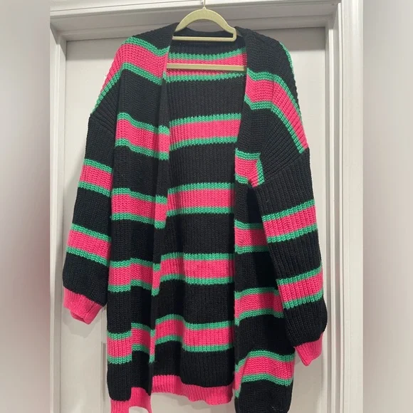 Striped Black, Pink, and Mint Green Women's Sweater Cardigan - Picture 2 of 5